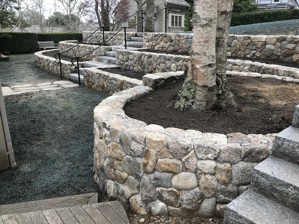 Curved fieldstone wall around a birch, with granite steps